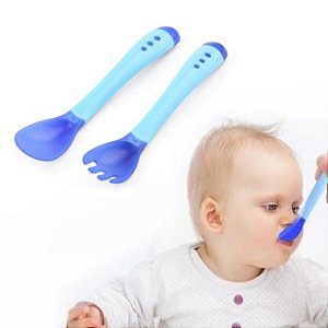 Jogo De Talher Infantil Colher Garfo Para Bebe Térmica Silicone Sensível