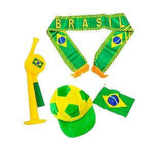 Kit Copa Do Mundo Seleção Brasil Individual Chapéu Cachecol Corneta Bandeira