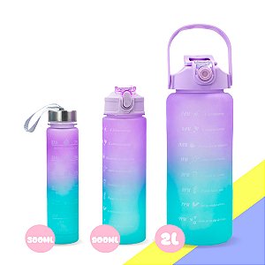 Kit 3 Garrafas Squeeze Água Galão 2L 900ml 300ml Degrade Adesivos 3D