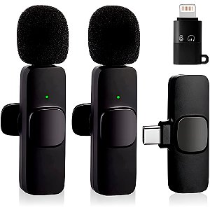 2 Microfones Wireless Lapela Adaptador IOS Encaixe Tipo C