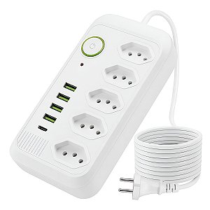 Filtro de Linha Extensão Elétrica Tipo C USB 5 Tomadas Bivolt