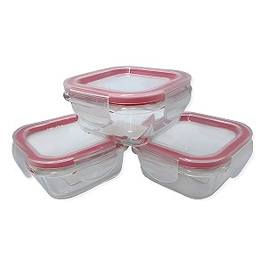 Conjunto 3 Potes Quadrados 170ml Vidro Comida Marmita