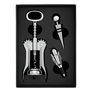 Kit 3 Peças Abridor Dosador Rolha Aço Inox Vinho Conjunto
