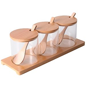 Jogo 3 Potes Bambu com Tampa Colher Base Tempero 300ml