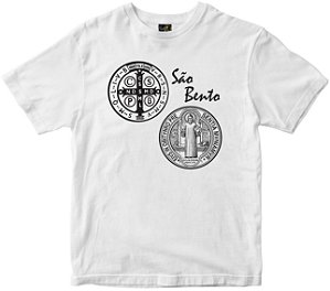 Camiseta São Bento com oração nas costas branca Rainha do Brasil