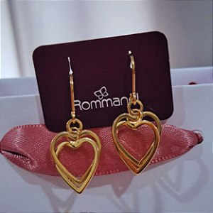 Brinco Rommanel Folheado a Ouro 18k Coração Duplo