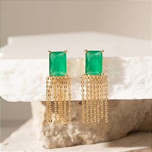 Brinco Santa Prata Folheado a Ouro 18k Cristal Esmeralda Retângulo com Franja