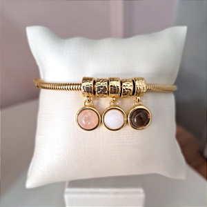 Pulseira Possebon Joias Com 5 Berloques, Com Pedras Naturais, Quartzo Rosa, Madrepérola E Obsidiana Fumê