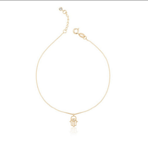 TORNOZELEIRA SABRINA JOIAS, FOLHEADO A OURO 18K, MÃO DE FÁTIMA