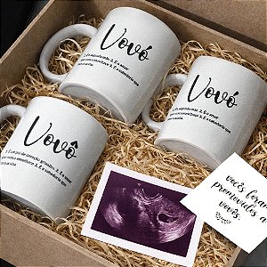 Kit Caixa + Caneca Personalizada Revelação Anúncio de Gravidez Promovido a Vovô, Vovó, Titio, Titia