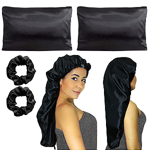 Kit 2 fronhas Touca Longa de Cetim Preto