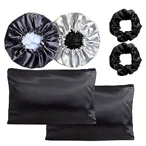 kit 2 fronhas Preta 2 toucas Branco com Preto e 2 Xuxinhas Sortidas