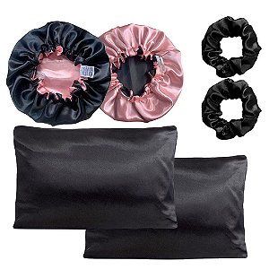 kit 2 fronhas Preta 2 toucas Rose com Preto e 2 Xuxinhas Sortidas