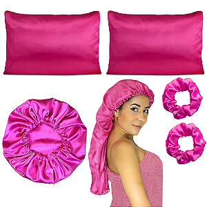 Kit 2 Fronhas de Cetim, 1 touca longa,  1 touca de cetim + 2 scrunchies