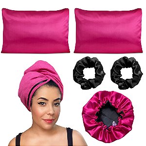 Kit antifrizz touca de cetim pink e pink  toalha micro pink 02 fronhas preta 02 xuxinhas
