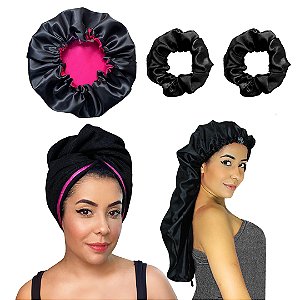 Kit antifrizz touca de cetim preta e pink  toalha micro preta Touca Longa preta 02 xuxinhas