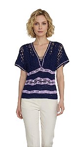 Blusa De Crochê Azul Marinho Com listras Em Tom Lilás!