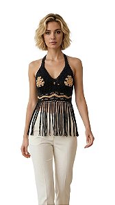 Cropped de Crochê Preto com Detalhes em Camel.