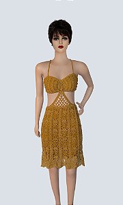 Vestido de Crochê, Modelo Frente Única, na Cor Mostarda Com Lurex Dourado!