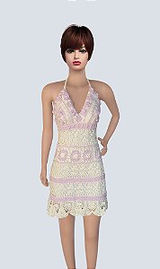 Vestido De Crochê, Modelo Frente Única, Off White Com Detalhes Lavanda!