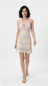 Vestido De Crochê, Modelo Frente Única, Off White Com Detalhes Lavanda!