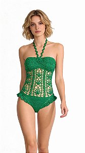 Maiô De Crochê Verde Esmeralda Com Babadinho No Quadril!