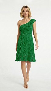 Vestido de Crochê, Modelo Um Ombro Só, Verde Com Lurex Dourado!