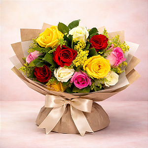 Buquê de 12 rosas coloridas tradicional