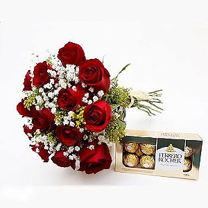 Buquê tradicional de 12 rosas com Ferrero Rocher 100g