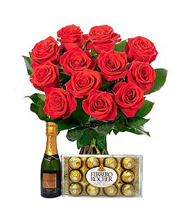 Buquê de 12 rosas vermelhas com Ferrero Rocher e Chandon Baby