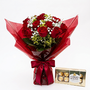 Buquê tradicional de 12 rosas vermelhas com Ferrero Rocher 100g