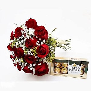 Buquê tradicional de 12 rosas vermelhas com Ferrero Rocher 100g