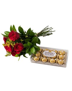 Buque 6 rosas vermelhas tradicional com Ferrero rocher 150g