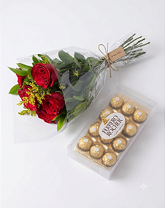 Buque 6 rosas vermelhas tradicional com Ferrero rocher 150g