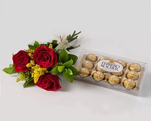 buquê de 3 rosas vermelhas Com Ferrero Rocher 150g