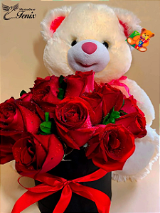 Box de Rosas Vermelhas com Mega Urso de Pelúcia