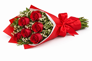 Buquê Clássico com 6 Rosas Vermelhas e Acabamento em Laço de Cetim