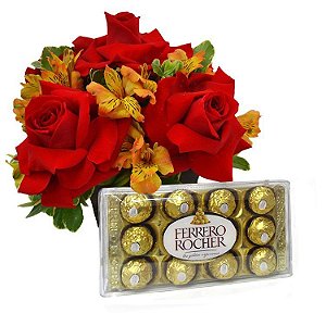 Arranjo de Rosas Importadas e Astromelias  com Ferrero Rocher