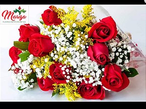 Buque 12 Rosas vermelhas tradicional Com Tango e Egpsofila (mosquitinho)