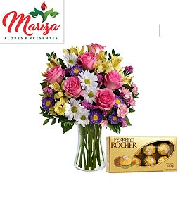 Arranjo mix de flores com Ferrero Rocher 100g
