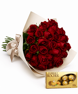 Buque 18 Rosas vermelhas Com Ferrero 100g