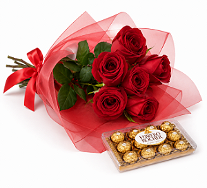 Buquê 6 Rosas vermelhas com Ferrero Rocher