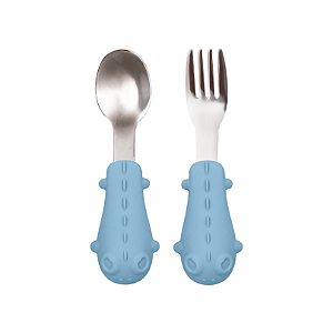 Kit talheres em inox com cabo em silicone infantil azul buba