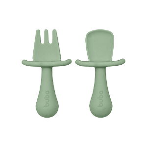Kit talheres em silicone infantil com escudo verde buba