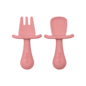 Kit talheres em silicone infantil com escudo rosa buba