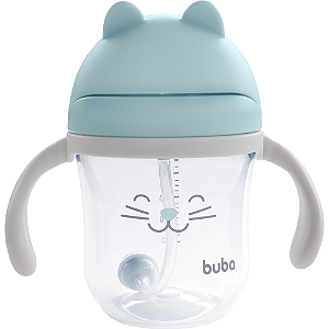Copo infantil com canudo em silicone e válvula gatinho azul buba