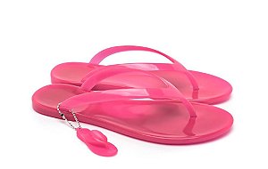 Kit Chinelo Rasteirinha Neon ROSA Brilha no Escuro + Chaveirinho + Bolsa Transparente SHINE ON