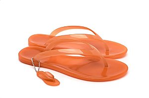 Kit Chinelo Rasteirinha LARANJA Neon Brilha no Escuro + Chaveirinho + Bolsa Transparente SHINE ON