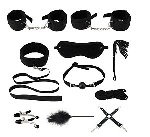 Kit 10 Pcs Bondage Bdsm Preto para Submissão Fetiche com Chicote e pluma