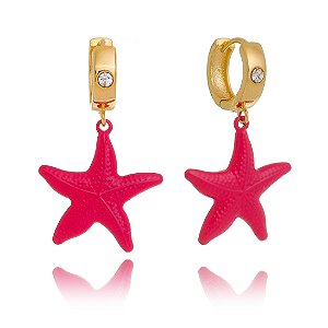 Brinco Argola P com Pingente Estrela Pink e Ponto de Luz